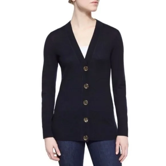 Tory Burch Simone Black Long Sleeve Button Front Cotton Cardigan size S - Picture 10 of 10